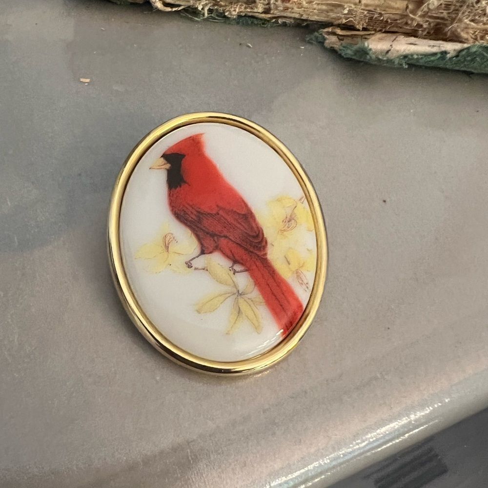 Vintage cardinal oval porcelain gold tone pin. Beautiful brooch.‎